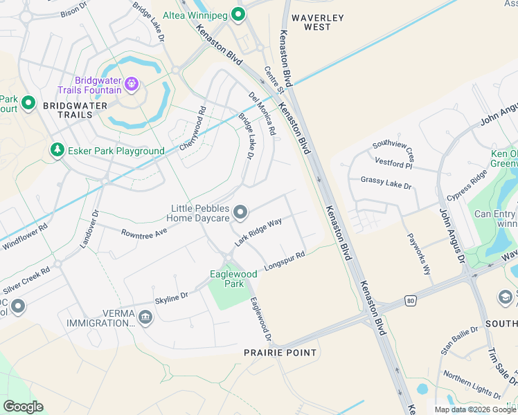 map of restaurants, bars, coffee shops, grocery stores, and more near Falcon Creek Bay in Winnipeg