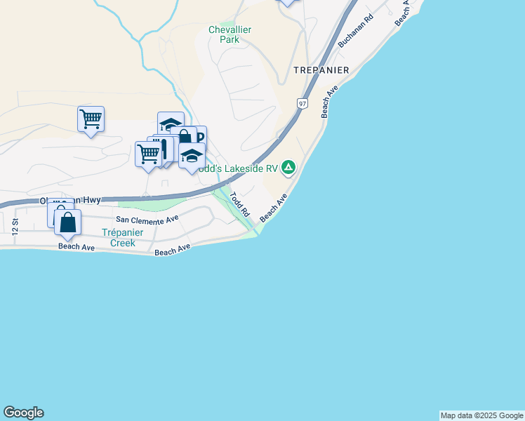 map of restaurants, bars, coffee shops, grocery stores, and more near 3996 Beach Avenue in Peachland
