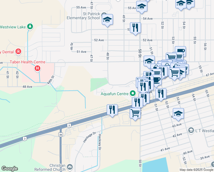 map of restaurants, bars, coffee shops, grocery stores, and more near 4800 48 Avenue in Taber