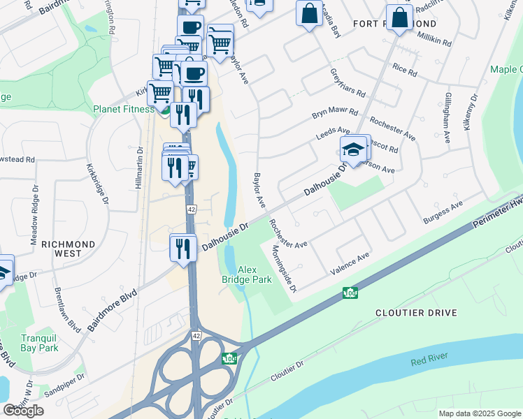 map of restaurants, bars, coffee shops, grocery stores, and more near 110 Baylor Avenue in Winnipeg