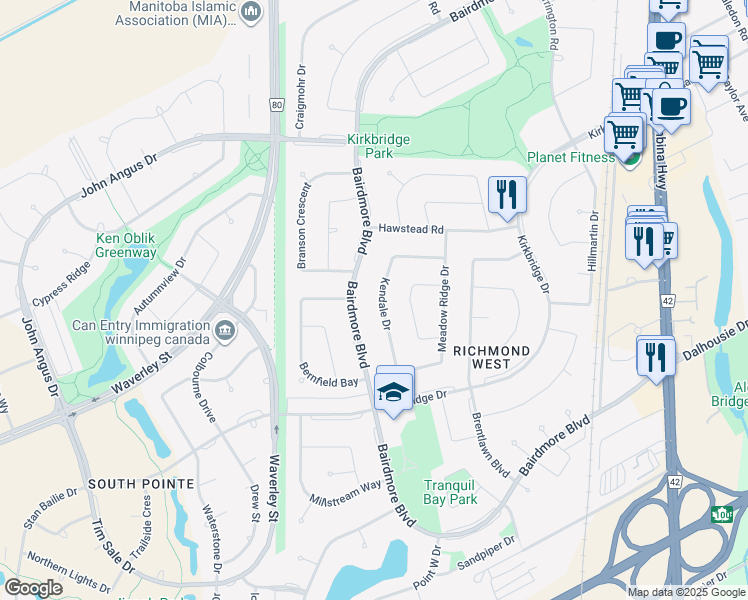map of restaurants, bars, coffee shops, grocery stores, and more near 71 Kendale Drive in Winnipeg