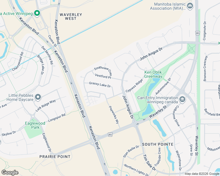 map of restaurants, bars, coffee shops, grocery stores, and more near 26 Grassy Lake Drive in Winnipeg