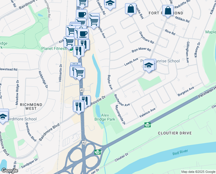map of restaurants, bars, coffee shops, grocery stores, and more near 140 Baylor Avenue in Winnipeg