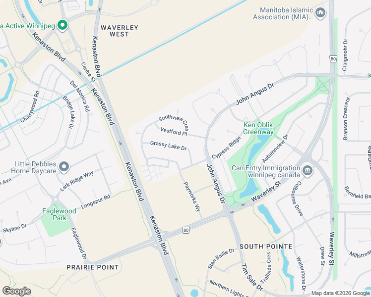 map of restaurants, bars, coffee shops, grocery stores, and more near Grassy Lake Drive in Winnipeg