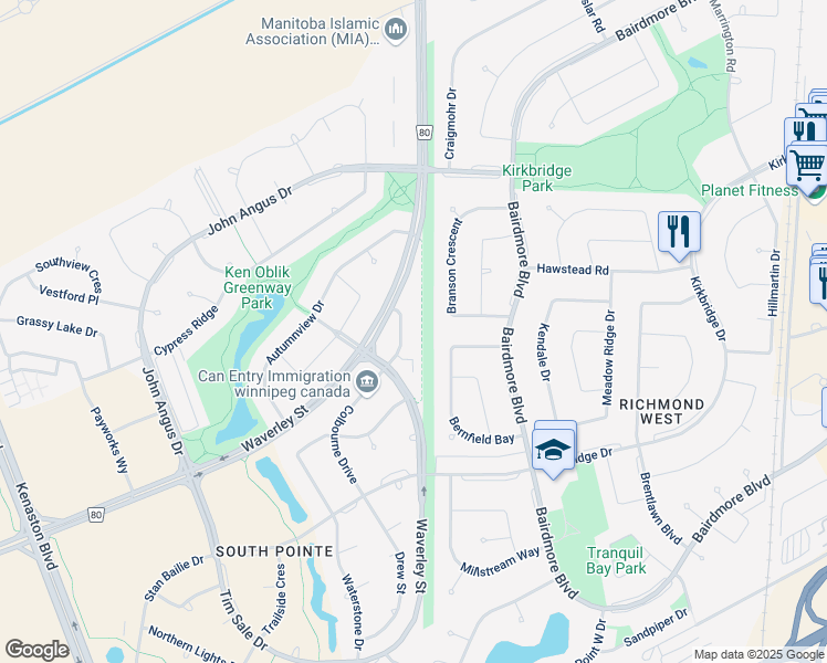 map of restaurants, bars, coffee shops, grocery stores, and more near in Winnipeg