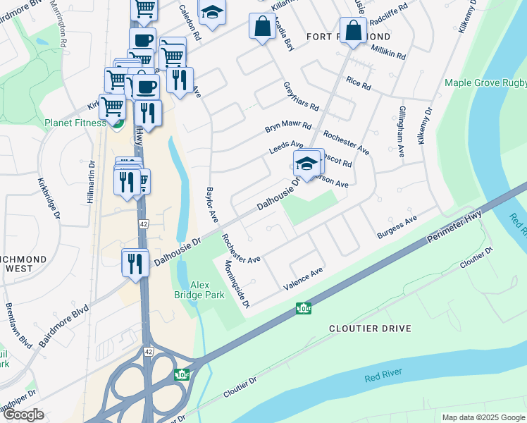 map of restaurants, bars, coffee shops, grocery stores, and more near 615 Dalhousie Drive in Winnipeg