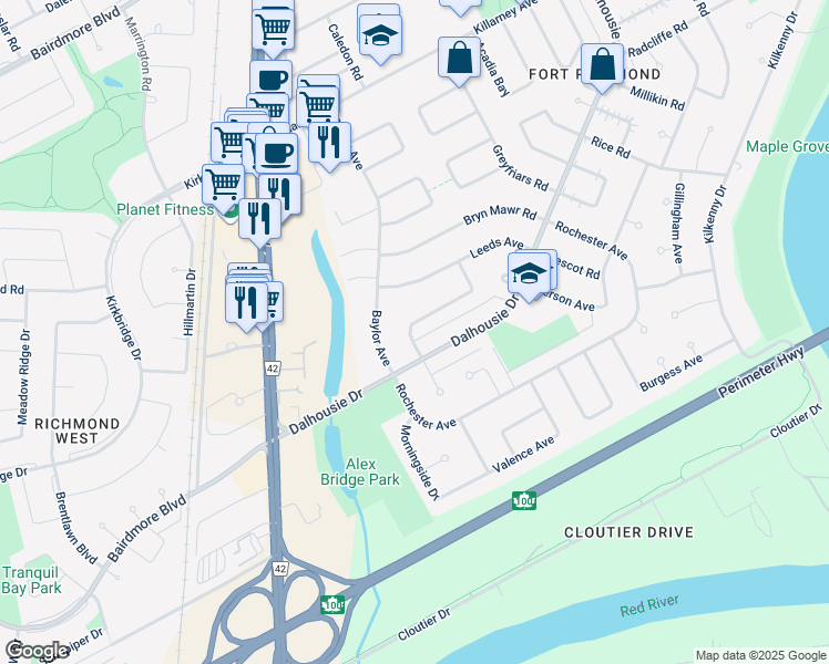 map of restaurants, bars, coffee shops, grocery stores, and more near 18 Newcastle Road in Winnipeg