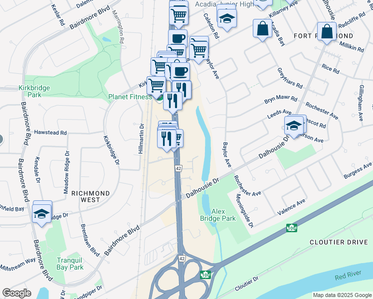 map of restaurants, bars, coffee shops, grocery stores, and more near in Winnipeg