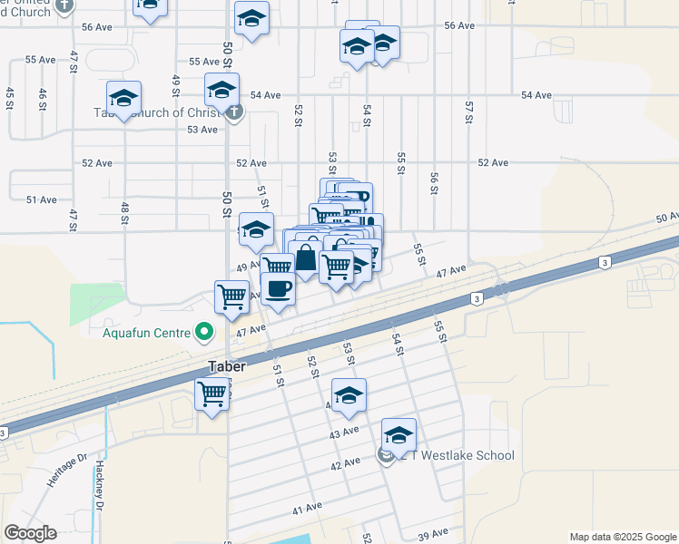 map of restaurants, bars, coffee shops, grocery stores, and more near 5309 48 Avenue in Taber