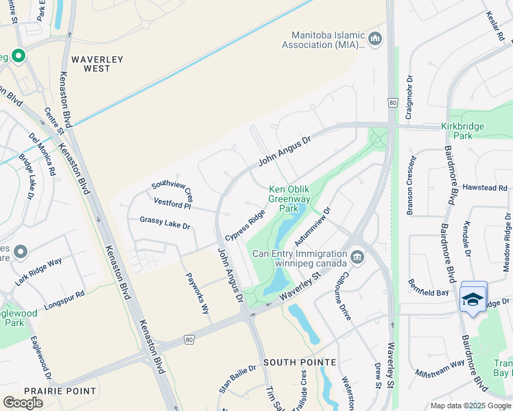map of restaurants, bars, coffee shops, grocery stores, and more near Birch Point Place in Winnipeg