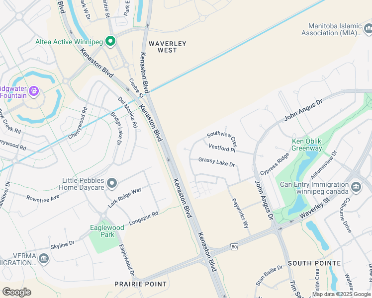 map of restaurants, bars, coffee shops, grocery stores, and more near Catfish Creek Cove in Winnipeg