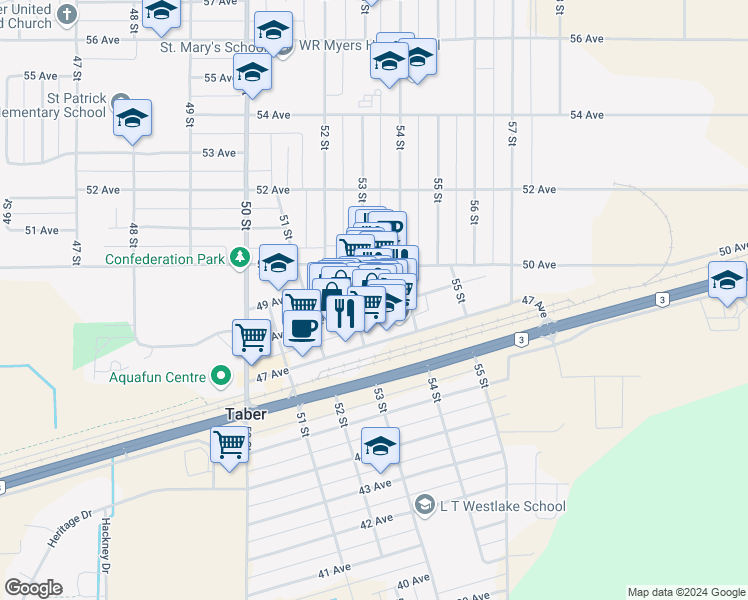 map of restaurants, bars, coffee shops, grocery stores, and more near 5309 48 Avenue in Taber