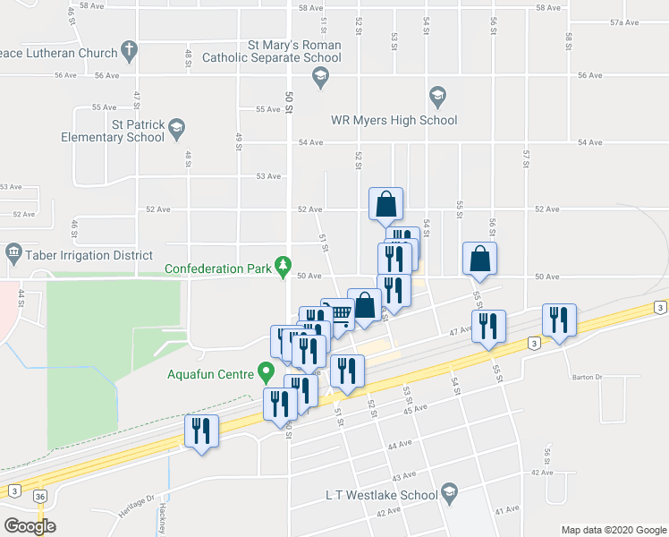 map of restaurants, bars, coffee shops, grocery stores, and more near 5103 50 Avenue in Taber