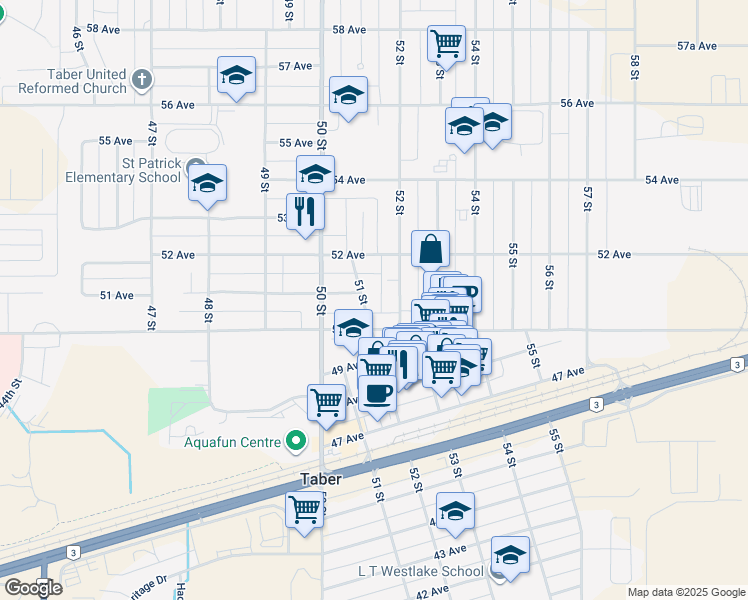 map of restaurants, bars, coffee shops, grocery stores, and more near 5103 50 Avenue in Taber
