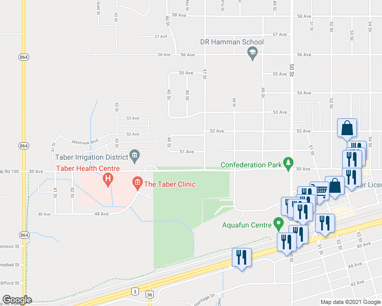 map of restaurants, bars, coffee shops, grocery stores, and more near 4626 51 Avenue in Taber