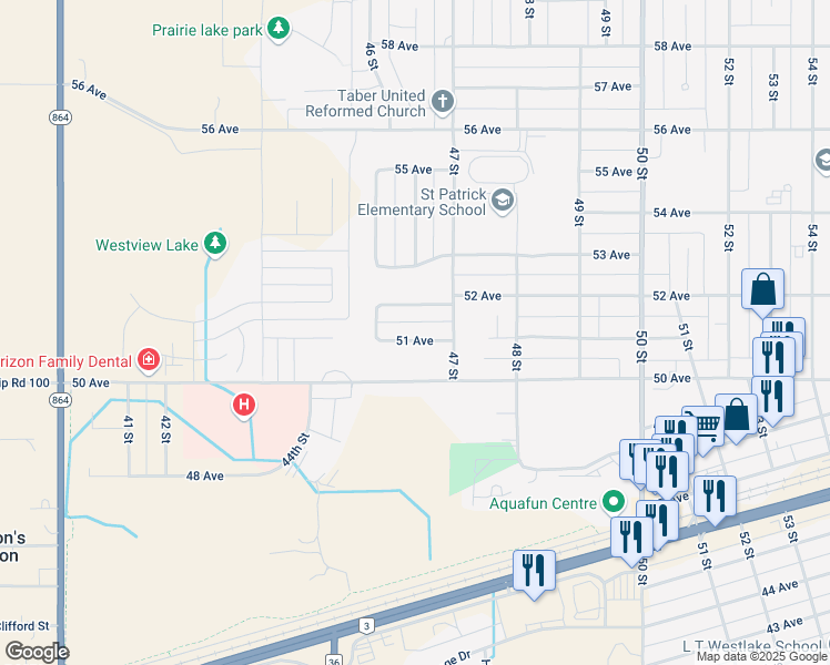 map of restaurants, bars, coffee shops, grocery stores, and more near 4626 51 Avenue in Taber