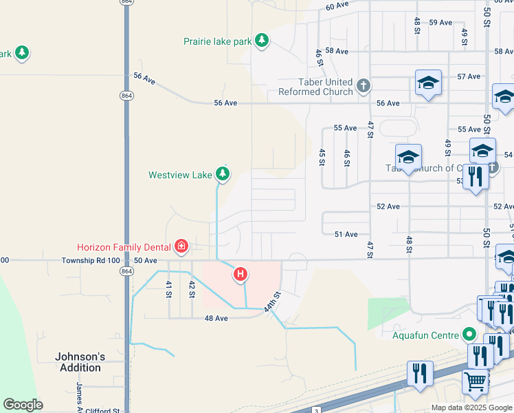 map of restaurants, bars, coffee shops, grocery stores, and more near 4303 52 Avenue in Taber