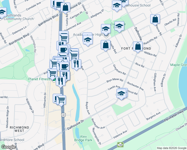 map of restaurants, bars, coffee shops, grocery stores, and more near 20 Mount Allison Bay in Winnipeg