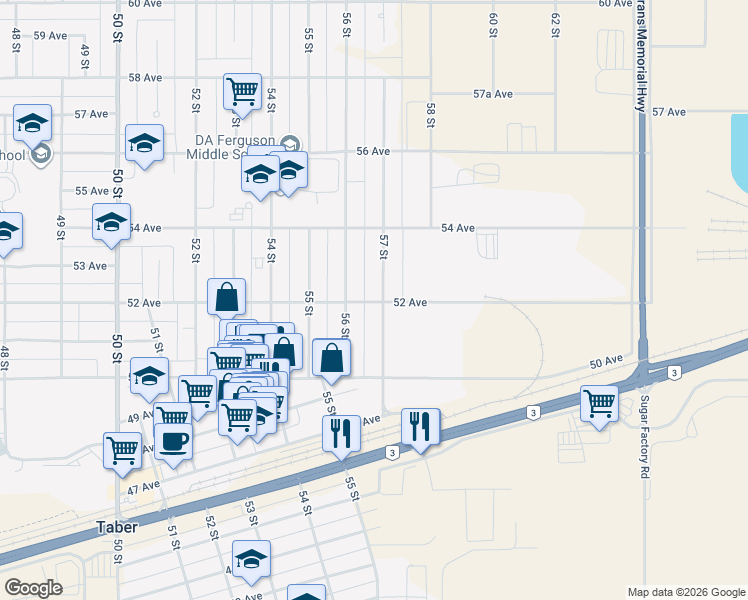map of restaurants, bars, coffee shops, grocery stores, and more near 5204 57 Street in Taber