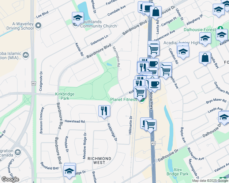 map of restaurants, bars, coffee shops, grocery stores, and more near 132 Marrington Road in Winnipeg