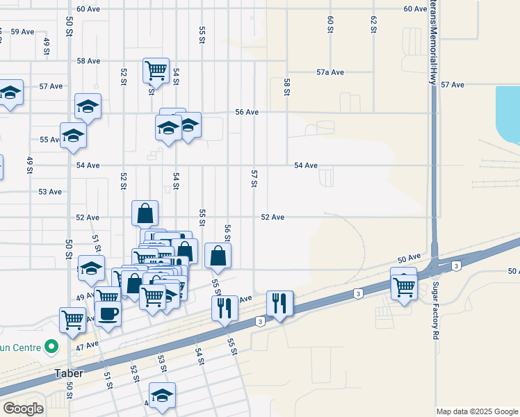 map of restaurants, bars, coffee shops, grocery stores, and more near 5204 57 Street in Taber