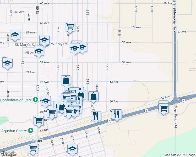 map of restaurants, bars, coffee shops, grocery stores, and more near 5205 56 Street in Taber