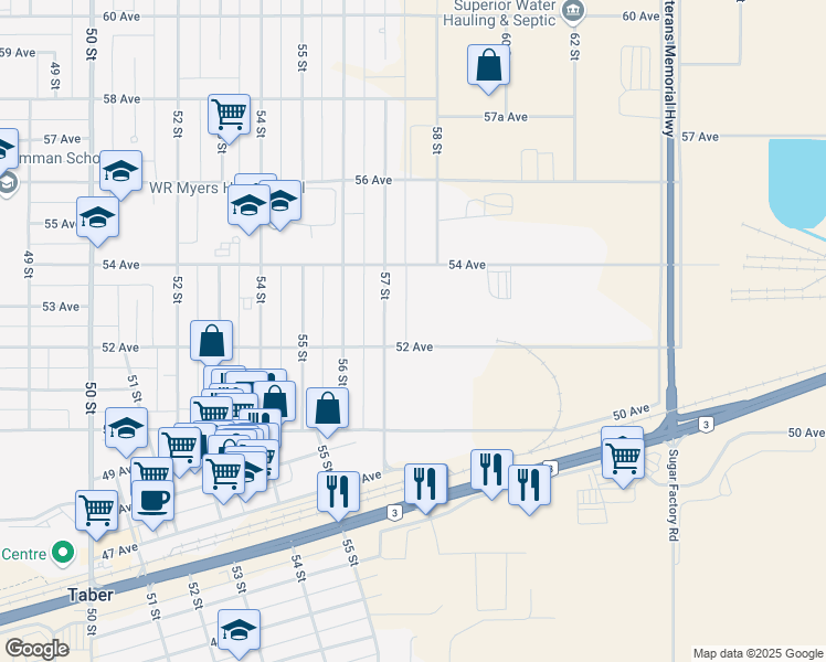 map of restaurants, bars, coffee shops, grocery stores, and more near 5601 52 Avenue in Taber