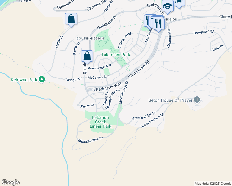map of restaurants, bars, coffee shops, grocery stores, and more near 5504 Trestle Court in Kelowna