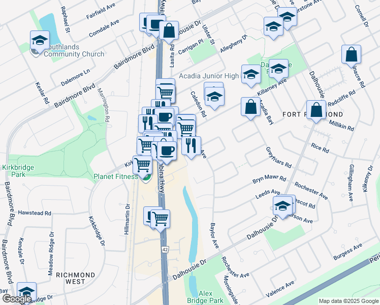 map of restaurants, bars, coffee shops, grocery stores, and more near 2850 Pembina Highway in Winnipeg