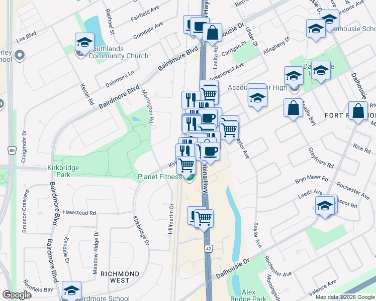 map of restaurants, bars, coffee shops, grocery stores, and more near 65 Kirkbridge Drive in Winnipeg