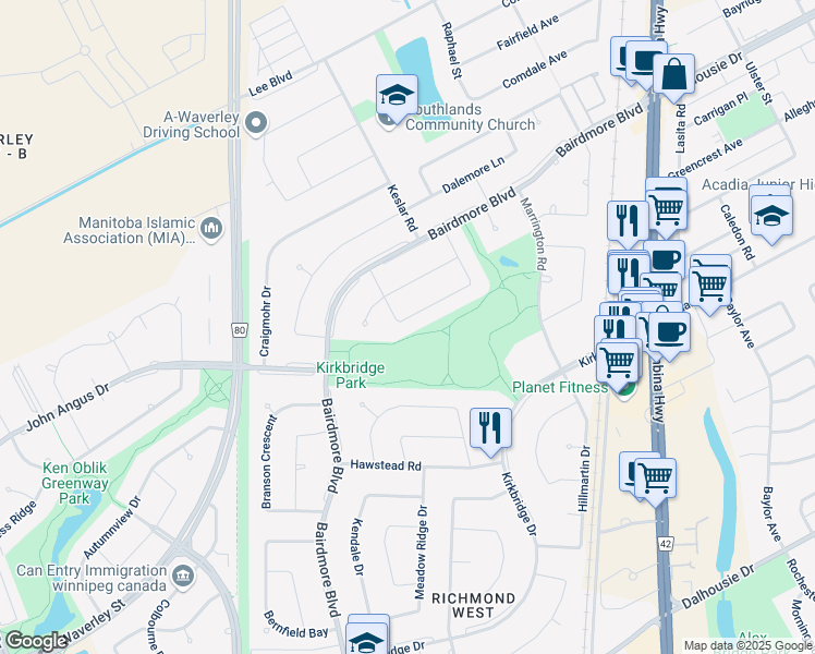 map of restaurants, bars, coffee shops, grocery stores, and more near 111 Calderwood Bay in Winnipeg