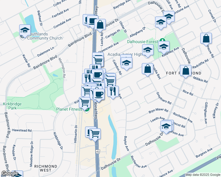 map of restaurants, bars, coffee shops, grocery stores, and more near 2850 Pembina Highway in Winnipeg