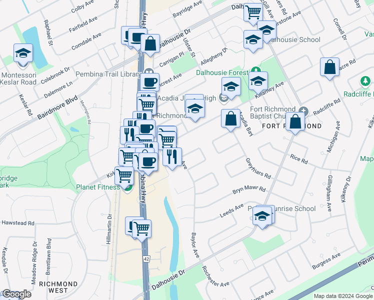 map of restaurants, bars, coffee shops, grocery stores, and more near 11 Magdalene Bay in Winnipeg