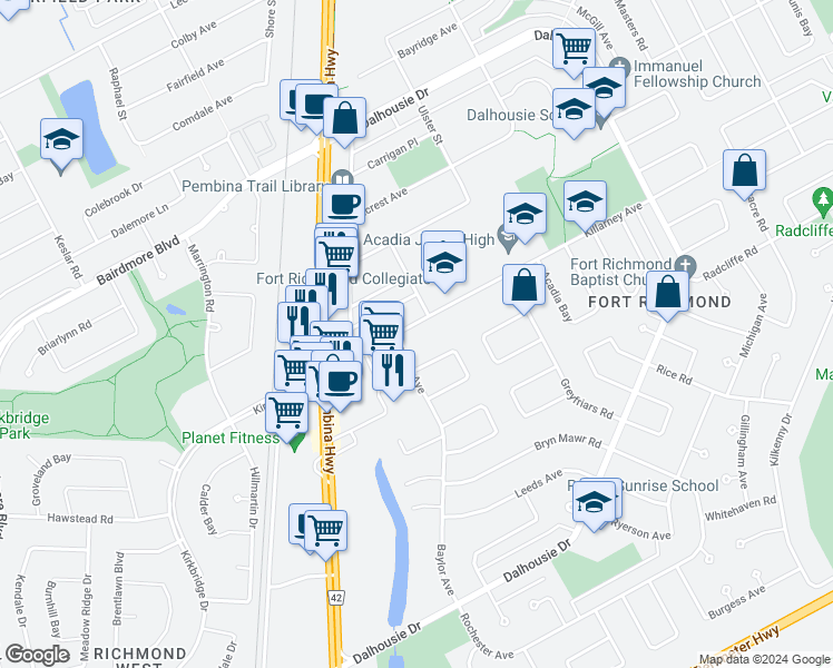 map of restaurants, bars, coffee shops, grocery stores, and more near 11 Magdalene Bay in Winnipeg