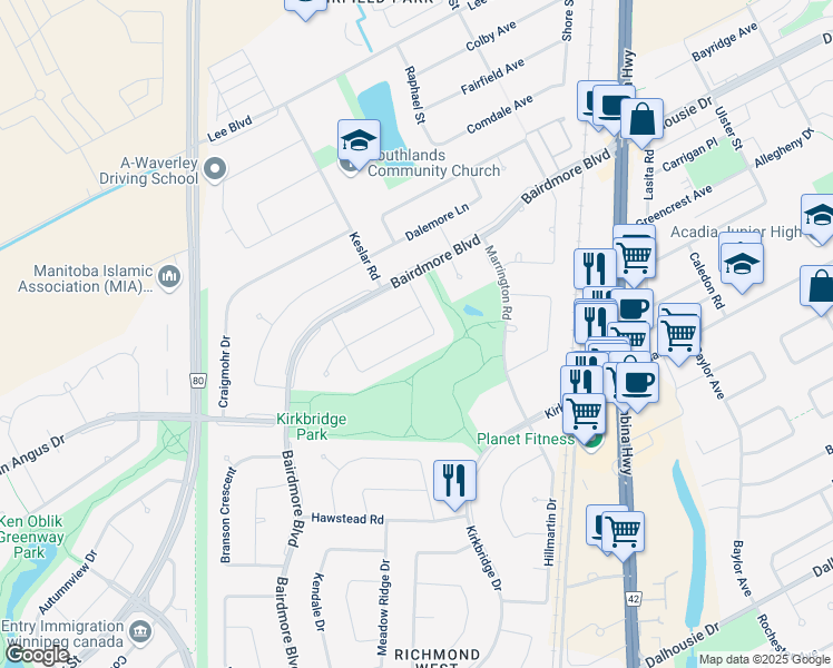 map of restaurants, bars, coffee shops, grocery stores, and more near 66 Calderwood Bay in Winnipeg