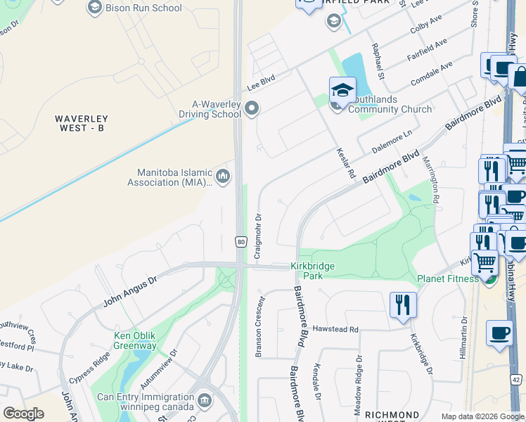map of restaurants, bars, coffee shops, grocery stores, and more near 152 Craigmohr Drive in Winnipeg