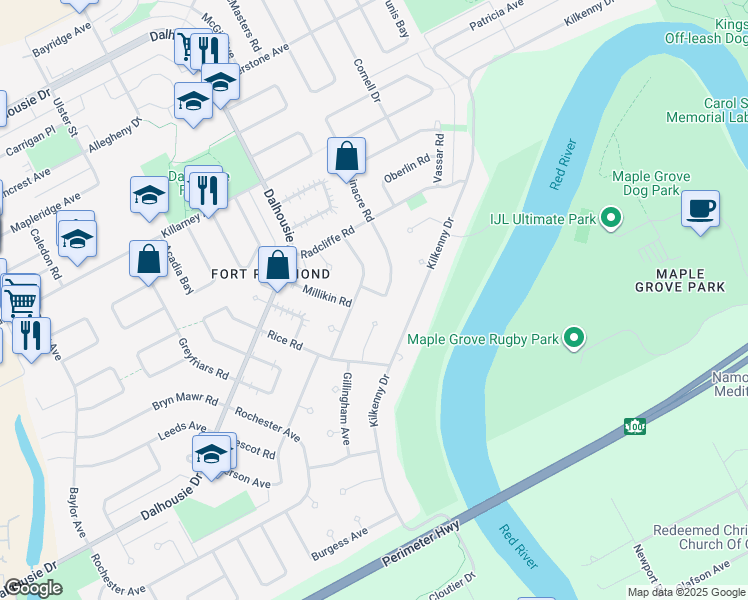 map of restaurants, bars, coffee shops, grocery stores, and more near 35 Michigan Avenue in Winnipeg