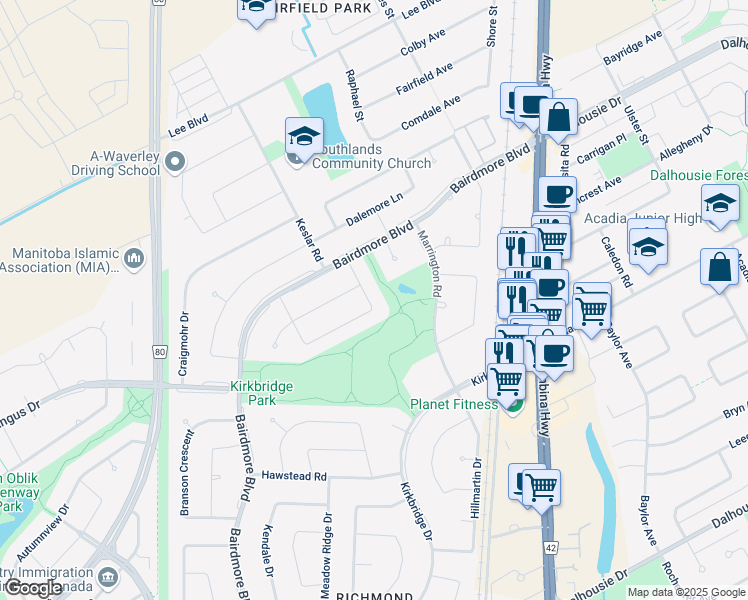 map of restaurants, bars, coffee shops, grocery stores, and more near 39 Calderwood Bay in Winnipeg