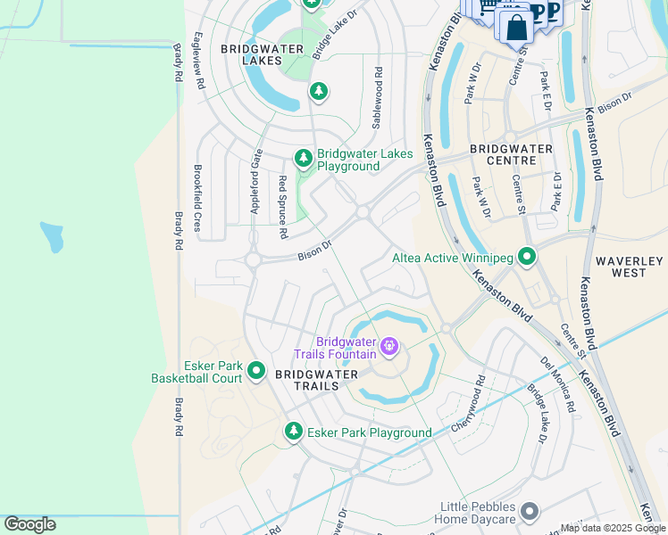 map of restaurants, bars, coffee shops, grocery stores, and more near 39 Bramblewood Court in Winnipeg