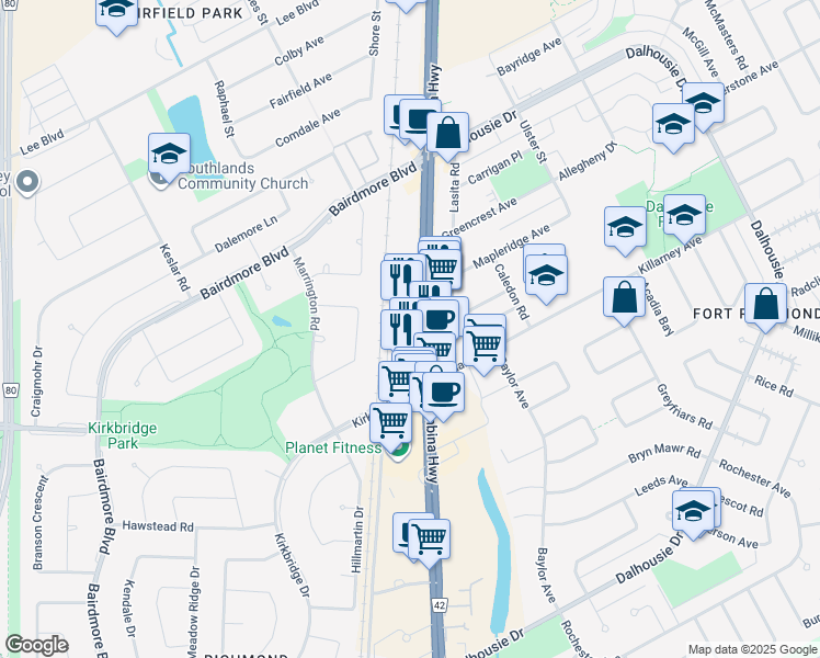 map of restaurants, bars, coffee shops, grocery stores, and more near 2799 Pembina Highway in Winnipeg