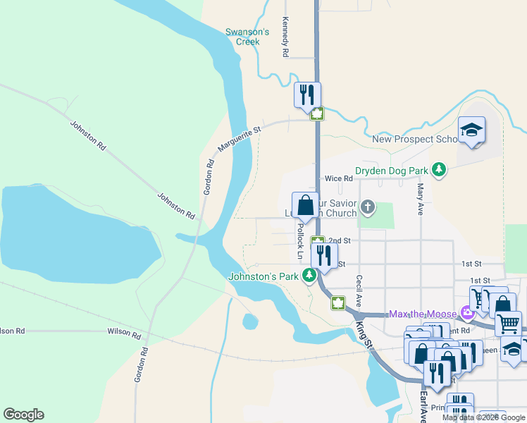 map of restaurants, bars, coffee shops, grocery stores, and more near 113 3rd Street in Dryden