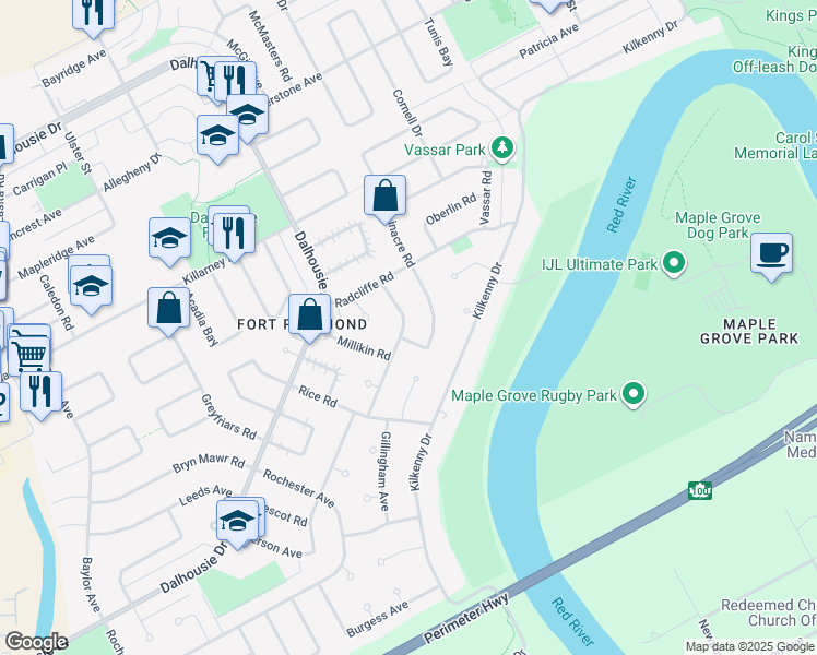 map of restaurants, bars, coffee shops, grocery stores, and more near 35 Michigan Avenue in Winnipeg