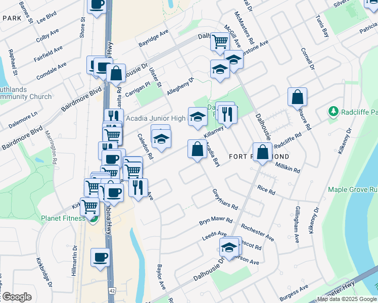 map of restaurants, bars, coffee shops, grocery stores, and more near 1 Greyfriars Road in Winnipeg