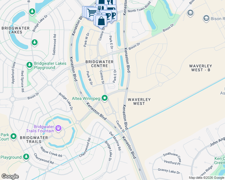 map of restaurants, bars, coffee shops, grocery stores, and more near 325 Park East Drive in Winnipeg