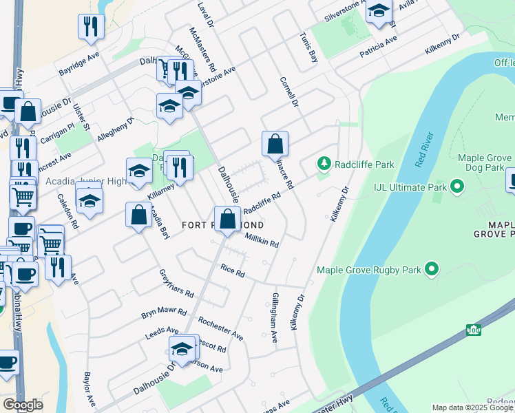 map of restaurants, bars, coffee shops, grocery stores, and more near 35 Radcliffe Road in Winnipeg