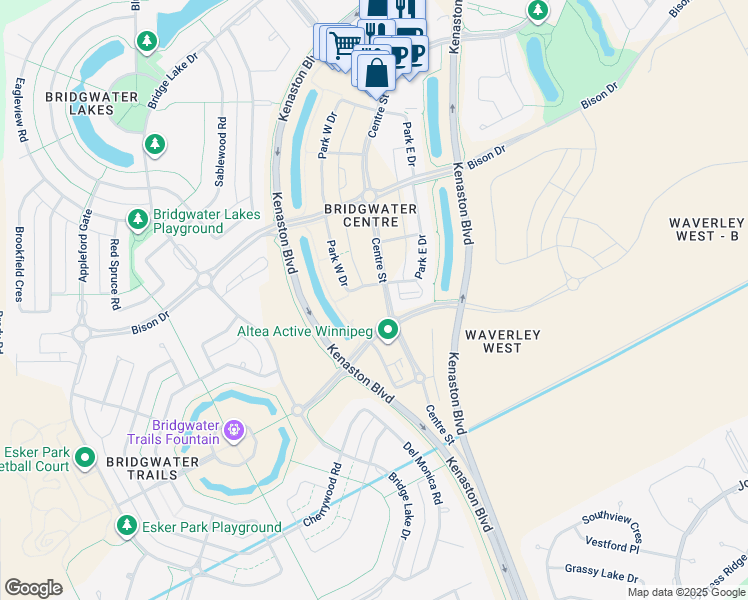 map of restaurants, bars, coffee shops, grocery stores, and more near 325 Park East Drive in Winnipeg