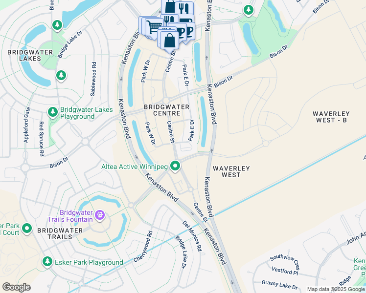 map of restaurants, bars, coffee shops, grocery stores, and more near 325 Park East Drive in Winnipeg