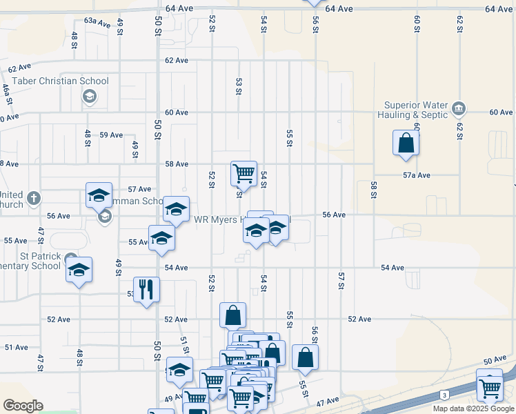 map of restaurants, bars, coffee shops, grocery stores, and more near 5606 54 Street in Taber