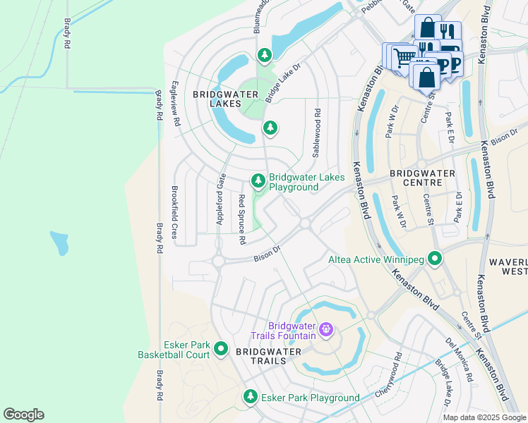 map of restaurants, bars, coffee shops, grocery stores, and more near Red Spruce Road in Winnipeg