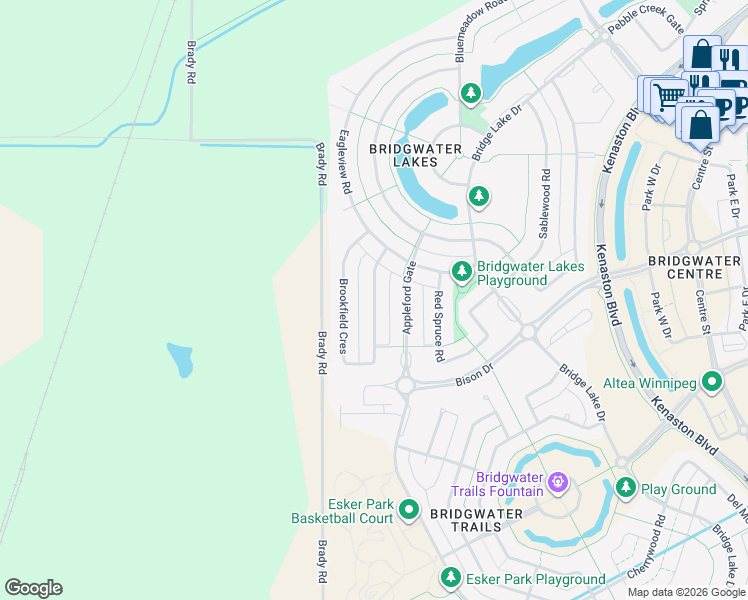 map of restaurants, bars, coffee shops, grocery stores, and more near Brookfield Crescent in Winnipeg